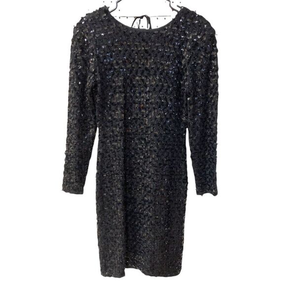 Vintage LoriAnn Sexy Black Sequinned Long Sleeve‎ Plunge Back Mini Evening Dress - Picture 1 of 7
